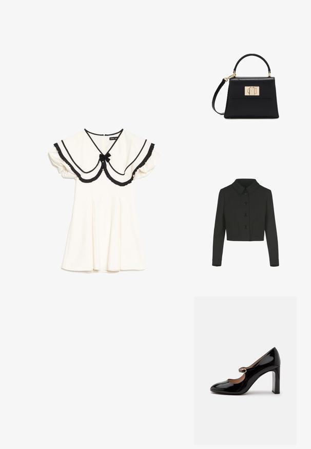 Zwarte cropped jacket met lange mouwen, een Peter Pan-kraag, voorknopjes en twee voorzakken.; Crèmekleurige jurk met een oversized kraag afgezet met zwart, zwarte ruches aan de randen, korte pofmouwen en een kleine zwarte strik bij de halslijn.; Zwarte lakleren Mary Jane hoge hak schoen met een afgeronde neus en een klein gespspannetje over de wreef op een witte achtergrond.; Zwarte leren handtas met bovenhandvat, afneembare schouderriem en gouden rechthoekige sluiting op de voorspat.