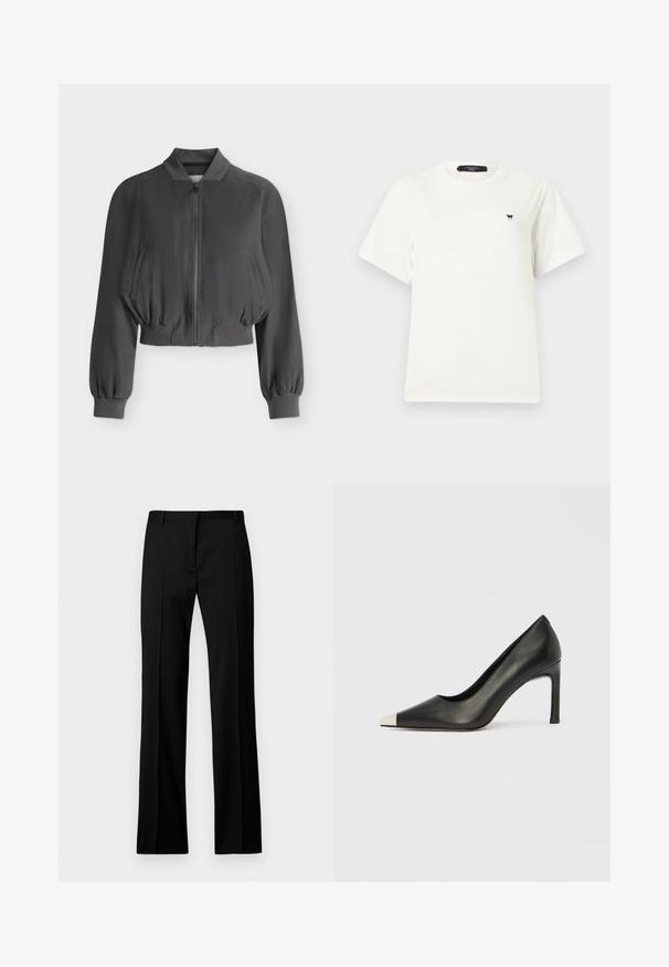 Blouson bomber noir court avec fermeture éclair sur le devant, col, poignets et ourlet côtelés, et deux poches latérales en biais, présenté sur un fond uni.; T-shirt blanc à manches courtes avec col rond, petit logo papillon noir sur le côté gauche de la poitrine et étiquette noire à l'intérieur du col.; Pantalons noirs à jambe droite en tissu lisse, avec un devant plat, des passants de ceinture et sans poches visibles ni embellissements.; Chaussure à talon haut en cuir noir avec bout pointu et capuchon argenté métallique. Présente une finition lisse et un talon fin de 10 cm.