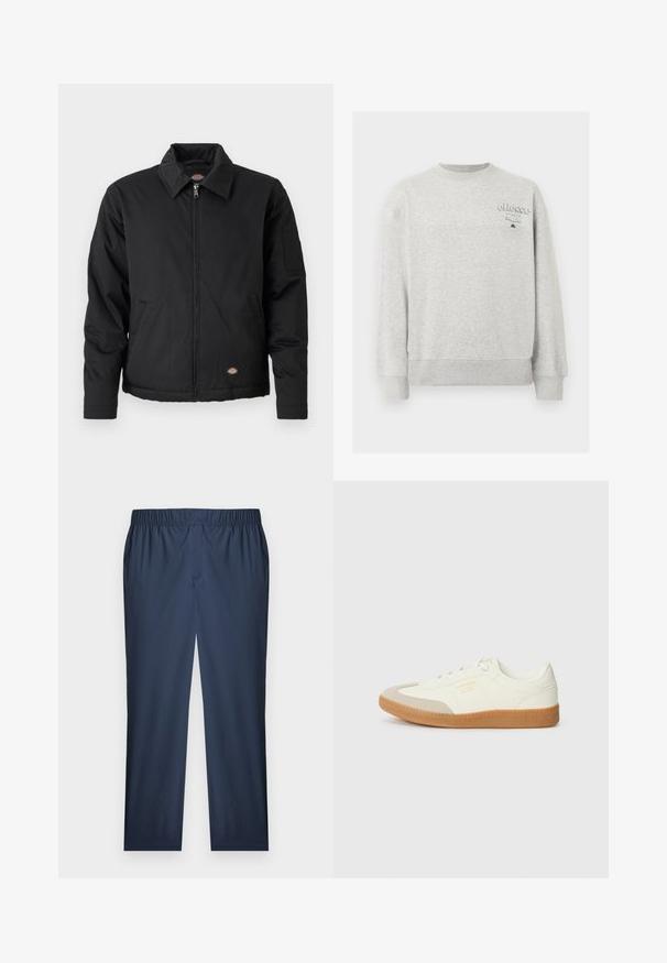 Schwarze Jacke mit Reißverschluss, spitzem Kragen, Seitentaschen und einer aufgesetzten Tasche am linken Ärmel. Hergestellt aus strukturiertem Stoff, mit einem Logo.; Hellgraues Sweatshirt mit Rundhalsausschnitt, langen Ärmeln und kleinem "ellesse Italia"-Logo auf der oberen linken Brust.; Marineblaue gerade Hose mit elastischem Bund, feiner Struktur im Stoff und flachem Vorderteil.; Sneaker aus weißem Leder mit einer beigen Zehenkappe und leichter brauner Gummisohle. Verfügt über flache weiße Schnürsenkel und geprägtes Branding an der Seite.