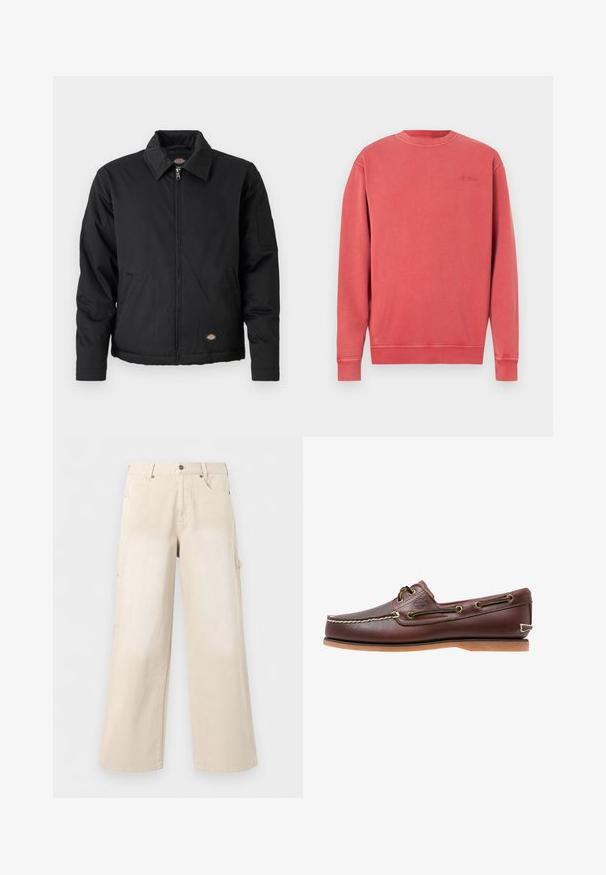 Veste noire avec fermeture éclair sur le devant, col pointu, poches latérales et une poche à patte sur la manche gauche. Fabriquée en tissu texturé, avec un logo.; Sweat-shirt corail chiné, col rond, manches longues, poignets et ourlet côtelés. Présente un logo discret embossé sur la poitrine. Matière douce en mélange de coton.; Pantalon beige à jambes larges avec poches avant, fermeture par boutons et passants de ceinture, présenté sur un fond blanc uni.; Chaussure bateau en cuir marron avec coutures blanches, détails de lacets et semelle en caoutchouc beige, vue de côté sur fond blanc.