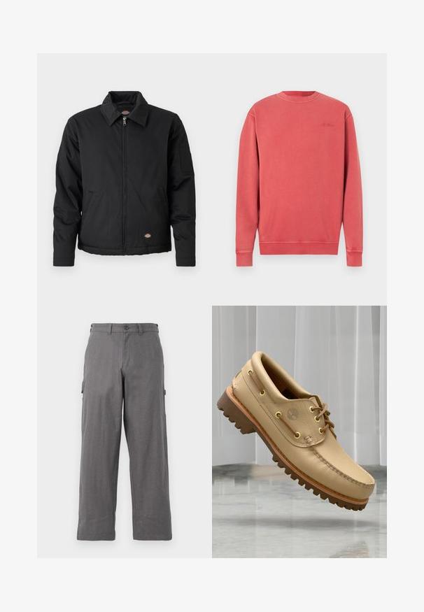 Veste noire avec fermeture éclair sur le devant, col pointu, poches latérales et une poche à patte sur la manche gauche. Fabriquée en tissu texturé, avec un logo.; Sweat-shirt corail chiné, col rond, manches longues, poignets et ourlet côtelés. Présente un logo discret embossé sur la poitrine. Matière douce en mélange de coton.; Pantalons cargo gris avec une coupe droite, fabriqués en tissu durable. Comprend des poches latérales et une fermeture à bouton à la taille.; Chaussure bateau en cuir marron clair avec semelle épaisse et striée et détails de lacets, flottant au-dessus d'un sol en marbre et d'un fond de stores verticaux blancs.