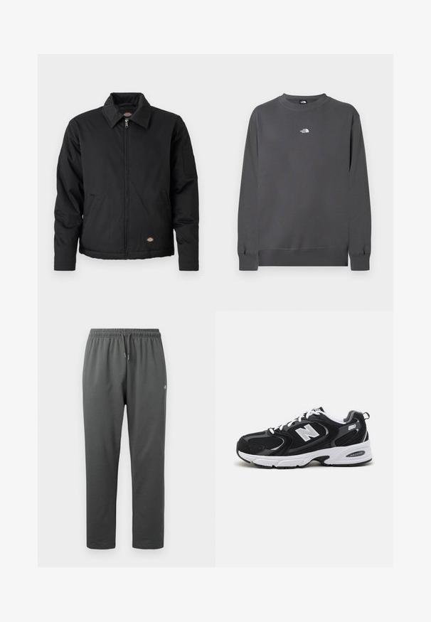 Veste noire avec fermeture éclair sur le devant, col pointu, poches latérales et une poche à patte sur la manche gauche. Fabriquée en tissu texturé, avec un logo.; Sweat-shirt gris en tissu mélangé coton, doté d'un col rond, de manches longues, de poignets côtelés et d'un petit logo blanc sur la poitrine.; Pantalon de survêtement en polaire gris foncé avec taille élastique et cordon de serrage, avec un petit logo sur la cuisse droite.; Baskets de sport noires et grises avec un tige en mesh et en suède, présentant une semelle intermédiaire blanche, des lacets et un logo "N" audacieux sur le côté.