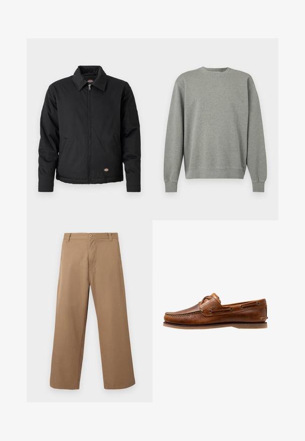 Sort jakke med lynlås foran, spidse krave, sidelommer og en klaplomme på venstre ærme. Lavet af struktureret stof med logo.; Ensfarvet grå crewneck-sweatshirt med lange ærmer og ribstrikkede ærme- og bundkanter, vist mod en hvid baggrund.; Beige bukser med vide ben, bæltestropper, forreste knap og lynlås, vist mod en ensartet lys baggrund.; Brune læder bådsko med syede detaljer, der har metaløjer, en forhøjet søm på tåen og en flad gummisål.