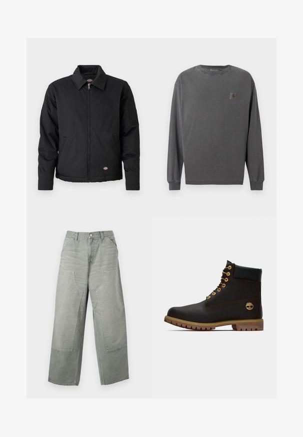 Schwarze Jacke mit Reißverschluss, spitzem Kragen, Seitentaschen und einer aufgesetzten Tasche am linken Ärmel. Hergestellt aus strukturiertem Stoff, mit einem Logo.; Langärmeliges Hemd aus dunkelgrauer Baumwolle. Mit rundem Ausschnitt, elastischen Bündchen und kleinem quadratischem Logo-Patch auf der linken Brust.; Locker sitzende, hoch taillierte graue Hose mit weitem Bein, großen aufgesetzten Taschen vorne, Gürtelschlaufen und Knopfverschluss.; Schwarze Leder-Ankle-Boots mit goldenen Ösen, braunen Akzenten und einer Gummisohle. Verfügt über einen gepolsterten Schaft und ein geprägtes Logo an der Seite.