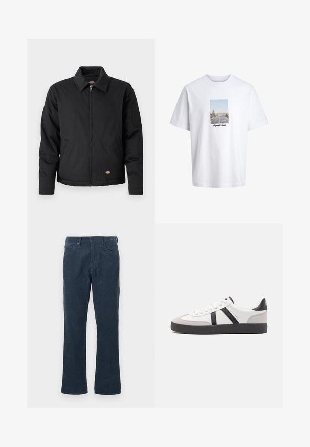Sort jakke med lynlås foran, spidse krave, sidelommer og en klaplomme på venstre ærme. Lavet af struktureret stof med logo.; Hvid T-shirt med korte ærmer med et trykt foto af en vej, der strækker sig ud i et landskab, og teksten "Originals Studio" under billedet.; Mørkeblå corduroybukser med lige ben, der har forlommer, knaplukning og en subtil ribbet tekstur.; Hvide sneakers med sorte og grå detaljer, med en tekstureret grå tåhætte, sort gummisål og flade hvide snørebånd. Rent design, minimalistisk stil.