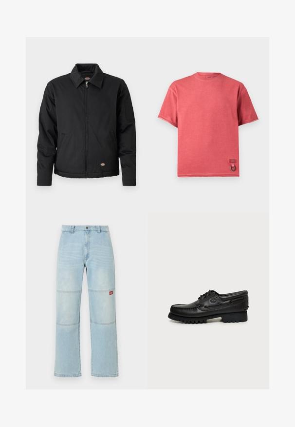 Veste noire avec fermeture éclair sur le devant, col pointu, poches latérales et une poche à patte sur la manche gauche. Fabriquée en tissu texturé, avec un logo.; T-shirt rouge délavé à manches courtes avec col rond, petite étiquette de marque et détail de boucle en métal près de l'ourlet inférieur.; Jean en denim bleu clair à jambes larges avec des détails aux panneaux des genoux et un petit patch logo rectangulaire rouge sur la cuisse droite.; Chaussure bateau en cuir noir à lacets, semelle épaisse à crampons, design moc toe et logo embossé sur le côté.