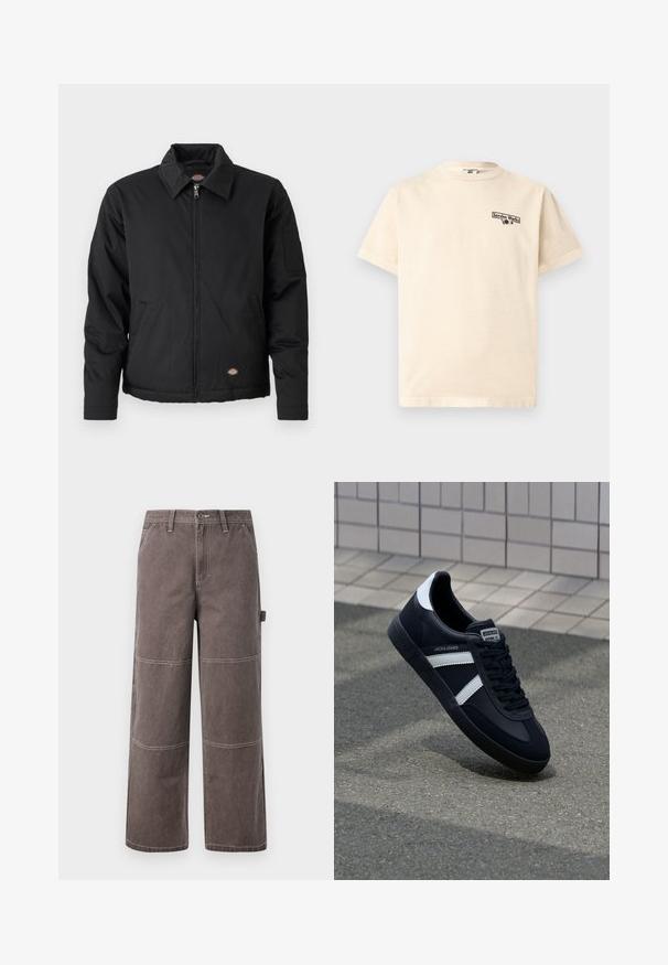 Sort jakke med lynlås foran, spidse krave, sidelommer og en klaplomme på venstre ærme. Lavet af struktureret stof med logo.; Beige kortærmet T-shirt med rund hals og lille sort "Service Works" tekst og grafik på venstre bryst.; Bredde ben bukser i en falmet brun farve, lavet af holdbart stof med kontrasterende syninger. Har paneldetaljer og en sidelomme.; Sort lædersneaker med hvide striber, tekstureret gummisål og snørrebånd foran. Har et brandet mærke på tungen.