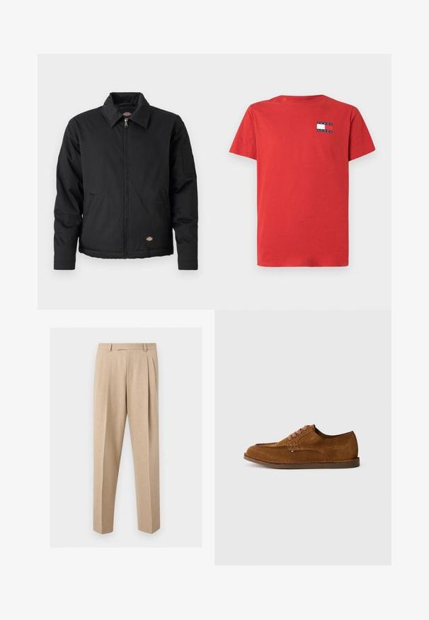 Schwarze Jacke mit Reißverschluss, spitzem Kragen, Seitentaschen und einer aufgesetzten Tasche am linken Ärmel. Hergestellt aus strukturiertem Stoff, mit einem Logo.; Rotes Baumwoll-T-Shirt mit kurzen Ärmeln und Rundhalsausschnitt. Mit einem kleinen marineblauen und weißen rechteckigen Logo auf der linken Brustseite.; Beige maßgeschneiderte Hosen mit vorderen Falten, Gürtelschlaufen und geraden Beinen, vor einem schlichten hellen Hintergrund präsentiert.; Brauner Wildleder-Schuh mit abgerundeter Spitze, dekorativen Nähten und sechs kontrastierenden Schnürlöchern. Flache Sohle und minimalistisches Design.