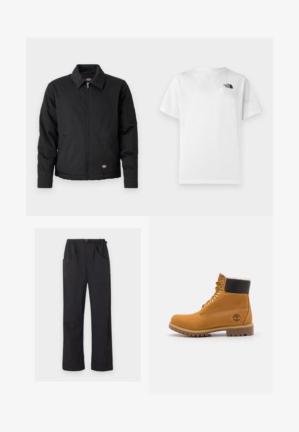Schwarze Jacke mit Reißverschluss, spitzem Kragen, Seitentaschen und einer aufgesetzten Tasche am linken Ärmel. Hergestellt aus strukturiertem Stoff, mit einem Logo.; Weißes Baumwoll-T-Shirt mit kurzen Ärmeln und rundem Ausschnitt. Auf der oberen linken Seite befindet sich ein kleines schwarzes Logo. Glatte Textur.; Schwarze gerade geschnittene Hose mit elastischem Bund und verstellbarem Schnallenriemen, ausgestattet mit Front- und Seitentaschen.; Braune Leder-Ankle-Boots mit Metallösen, weißem Kunstfellfutter, schwarzem gepolstertem Kragen, robustem Sohlenprofil und geprägtem Logo an der Seite.