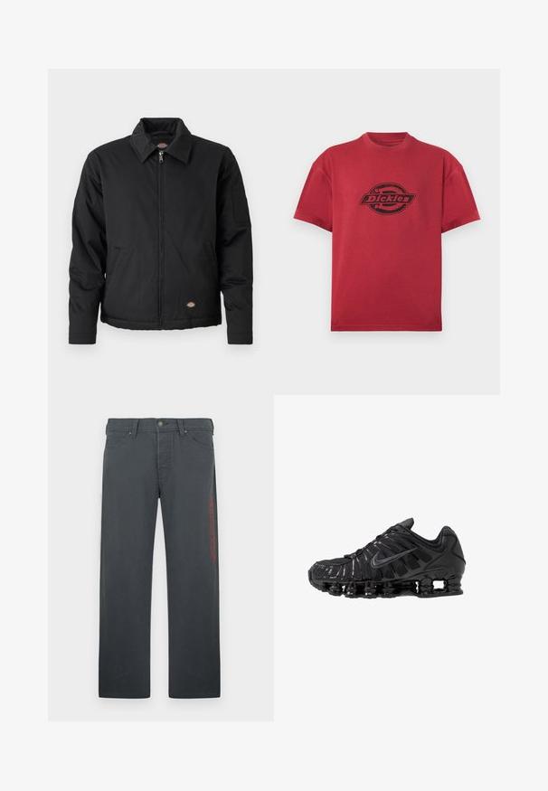 Schwarze Jacke mit Reißverschluss, spitzem Kragen, Seitentaschen und einer aufgesetzten Tasche am linken Ärmel. Hergestellt aus strukturiertem Stoff, mit einem Logo.; Rotes T-Shirt mit kurzen Ärmeln und Rundhalsausschnitt, mit schwarzem "Dickies"-Logo in der Mitte vorne bedruckt.; Graue Hosen aus einem Baumwollmischgewebe, mit geradem Schnitt, Vordertaschen und einem rot bestickten Logo auf der linken Seite.; Schwarze Sportschuhe aus Mesh- und synthetischen Materialien mit einem markanten wellenförmigen Design, schwarzer Gummisohle und reflektierenden Akzenten.