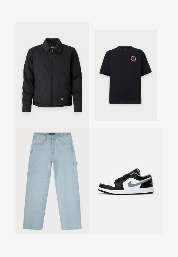 Sort jakke med lynlås foran, spidse krave, sidelommer og en klaplomme på venstre ærme. Lavet af struktureret stof med logo.; Sort T-shirt med korte ærmer med en lille rød Jumpman-logo og cirkulært design på venstre bryst.; Pegador DAULE BAGGY WORKWEAR - Baggy jeans - washed cold blue; Jordan AIR JORDAN 1 - Sneakers - black/particle grey-white