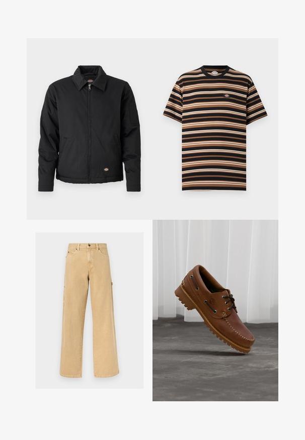 Veste noire avec fermeture éclair sur le devant, col pointu, poches latérales et une poche à patte sur la manche gauche. Fabriquée en tissu texturé, avec un logo.; T-shirt à manches courtes avec des rayures horizontales noires, marron et beige, comportant un petit patch logo Dickies sur la poitrine.; Pantalon de travail beige à jambes droites avec passants pour ceinture, poches avant et latérales, ainsi qu'une boucle pour marteau sur fond uni.; Chaussure de bateau en cuir marron avec des lacets noirs, des coutures beiges et une semelle robuste, suspendue au-dessus d'un sol en béton gris.