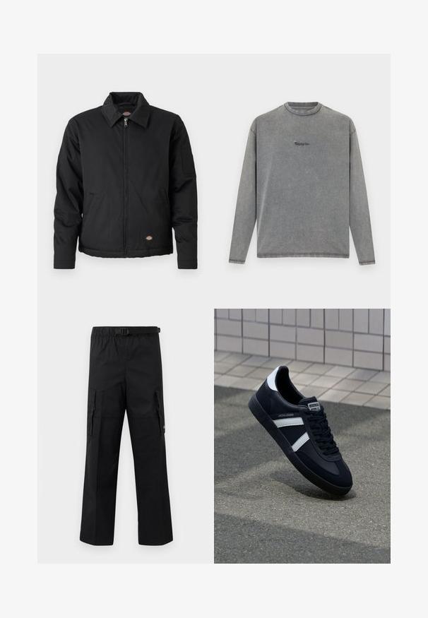 Schwarze Jacke mit Reißverschluss, spitzem Kragen, Seitentaschen und einer aufgesetzten Tasche am linken Ärmel. Hergestellt aus strukturiertem Stoff, mit einem Logo.; Langärmeliges, verwaschenes graues Rundhalsshirt mit kleinem, zentriertem "Replay Inc."-Logo auf der Brust, dargestellt auf weißem Hintergrund.; Schwarze Cargo-Hosen mit weitem Schnitt, verstellbarem Bund mit Schnalle und zwei Seitentaschen zur Aufbewahrung. Leichtes Material.; Schwarze Leder-Sneaker mit weißen Streifen, strukturiertem Gummisohle und Schnürung. Verfügt über ein Markenetikett auf der Zunge.