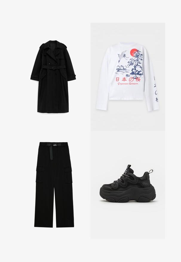 Trench-coat long noir avec boutons croisés, taille ceinturée, col large et poches à rabat, présenté sur un fond blanc.; Chemise blanche à manches longues avec paysage japonais bleu, soleil rouge, grue et texte rouge "Japanese Blossom" en anglais et en caractères japonais.; Pantalons cargo noirs avec une coupe large, taille élastique avec une ceinture, et deux grandes poches latérales pour le rangement.; Baskets noires au design chunky, avec une tige texturée, des panneaux en maille et une semelle en caoutchouc épaisse. Lacets réfléchissants et détails de marque visibles.