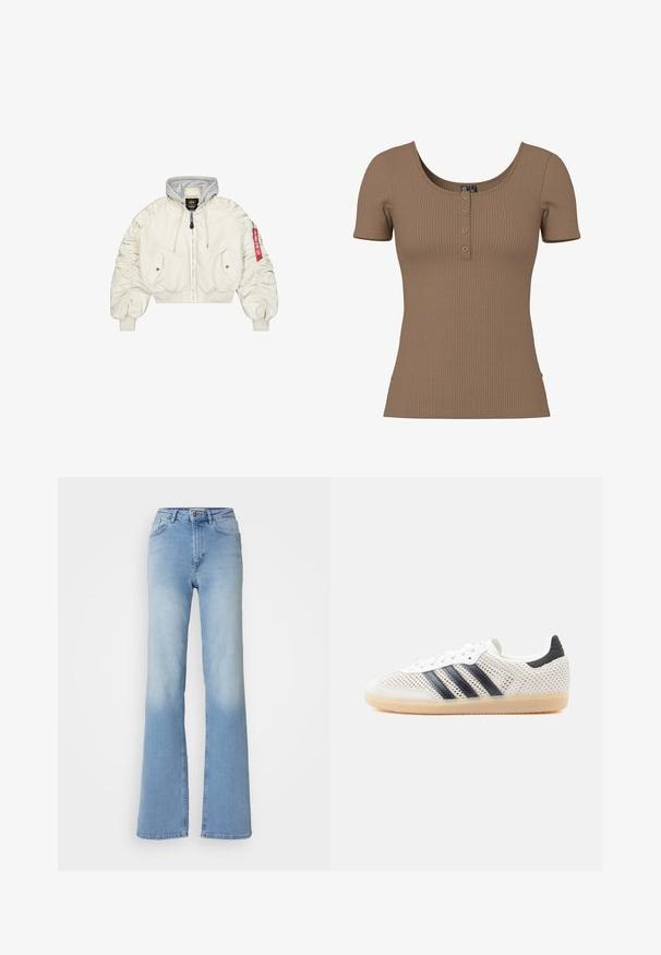 Λευκό κομμένο μπουφάν με γκρι κουκούλα, με σούρες στα μανίκια, δύο τσέπες στο μπροστινό μέρος και κόκκινη ετικέτα στο αριστερό μανίκι.; Καφέ κοντομάνικο τοπ με ριμπ ύφανση, λαιμόκοψη σε σχήμα scoop και τέσσερα μικρά στρογγυλά ασημί κουμπιά στη λωρίδα μπροστά.; Ανοιχτό μπλε καμπάνα τζιν κατασκευασμένα από τζιν ύφασμα, με κανονική μέση, μπροστινές τσέπες και ξεθωριασμένο φινίρισμα στα πόδια.; Λευκά αθλητικά παπούτσια από δίχτυ με μαύρο σχέδιο τριών ρίγων, στρογγυλεμένη μύτη και λαστιχένια σόλα καραμελέ. Διαθέτουν μαλακό επένδυση στη φτέρνα και κλείσιμο με κορδόνια.