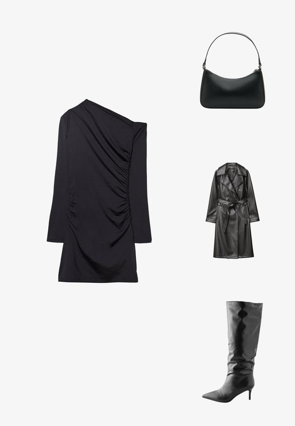 Schwarzer Leder-Trenchcoat mit doppelter Knopfleiste, breitem Kragen, tailliertem Gürtel und langen Ärmeln mit geknöpften Manschetten.; Schwarzes Kleid mit einem einseitigen Design, langem Ärmel und gerafftem Stoff an der Seite. Hergestellt aus weichem, dehnbarem Material.; Knöchelhohe schwarze Lederstiefel mit strukturiertem Muster, spitzer Zehe und Stiletto-Absatz. Der lässige Schnitt verstärkt die Gesamtansicht.; Schwarze Leder-Schultertasche mit geschwungener Form, einem flachen Tragegurt und einem oberen Reißverschluss. Glatte Textur mit minimalen Hardwaredetails.