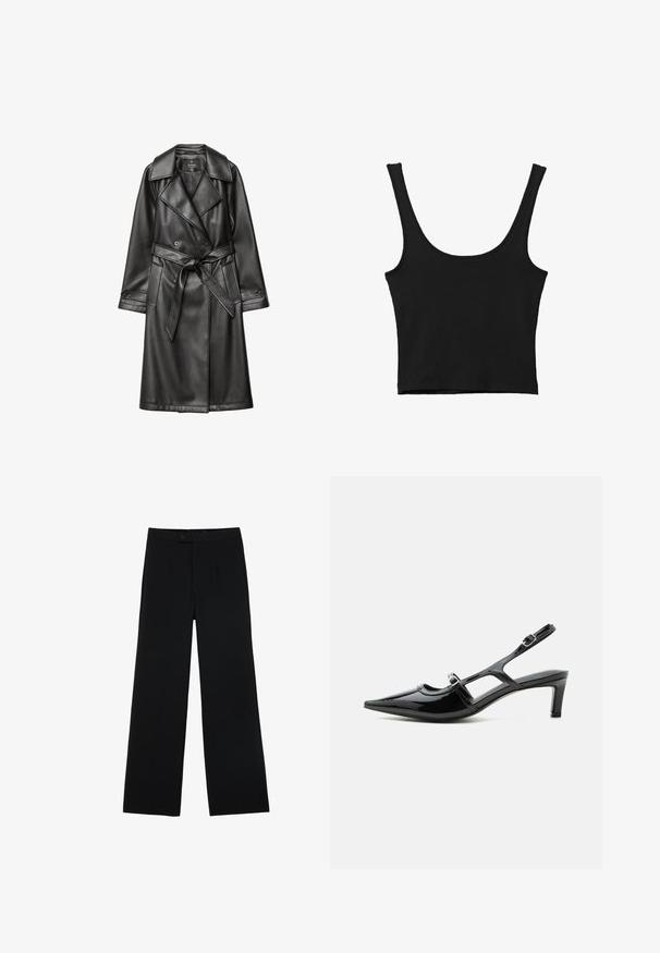 Sort læder trench coat med dobbeltknap foran, bred krave, bæltestrop i taljen og lange ærmer med knapmanchetter.; Sort cropped tank top med brede skulderstropper, lavet i blødt materiale, med en glat tekstur og et minimalistisk design.; Sorte vidde bukser lavet af glat stof, med en frontknaplukning og to plissee for ekstra detaljer. Skræddersyet design i det hele taget.; Sort laklæder spids tå slingback sko med lav hæl og to justerbare spænder, vist i sideprofil.