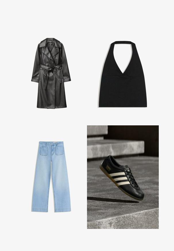 Sort læder trench coat med dobbeltknap foran, bred krave, bæltestrop i taljen og lange ærmer med knapmanchetter.; Sort halterneck crop top med dyb V-udskæring og bred nakkestrop mod en hvid baggrund.; Lyseblå bukser med vide ben lavet af denim. Har høj talje, for-lynlås og knaplukning samt to baglommer med buet syning.; Sort lædersneaker med hvidt trestribet design, teksturerede detaljer, sorte snørebånd og en gum-sål. Brandlogo synligt på tungen.