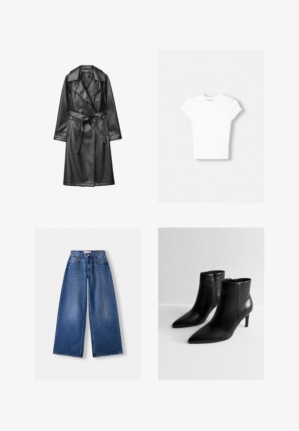 Schwarzer Leder-Trenchcoat mit doppelter Knopfleiste, breitem Kragen, tailliertem Gürtel und langen Ärmeln mit geknöpften Manschetten.; Weißes kurzärmliges T-Shirt aus weicher Baumwolle, mit Rundhalsausschnitt und figurbetonter Form. Keine sichtbaren Muster oder Verzierungen.; Weit geschnittene blaue Denim-Jeans mit Vordertaschen, Gürtelschlaufen und Knopfverschluss, flach auf hellem Hintergrund liegend.; Schwarze Leder-Stiefeletten mit spitzen Zehen und einem eleganten Design. Verfügt über einen seitlichen Reißverschluss und schlanke Stiletto-Absätze für zusätzlichen Schwung.