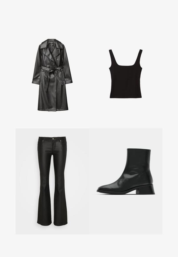 Schwarzer Leder-Trenchcoat mit doppelter Knopfleiste, breitem Kragen, tailliertem Gürtel und langen Ärmeln mit geknöpften Manschetten.; Schwarzes Tanktop mit quadratischem Ausschnitt, aus glattem Baumwollstoff, mit breiten Trägern und figurbetontem Schnitt.; ONLY ONLTIGER LOW WAISTED FLARED - Stoffhose - black; Schwarze Ankle Boots aus glänzendem Leder, mit einem eleganten Design, spitzer Zehenpartie und einem moderaten Blockabsatz für Stabilität.