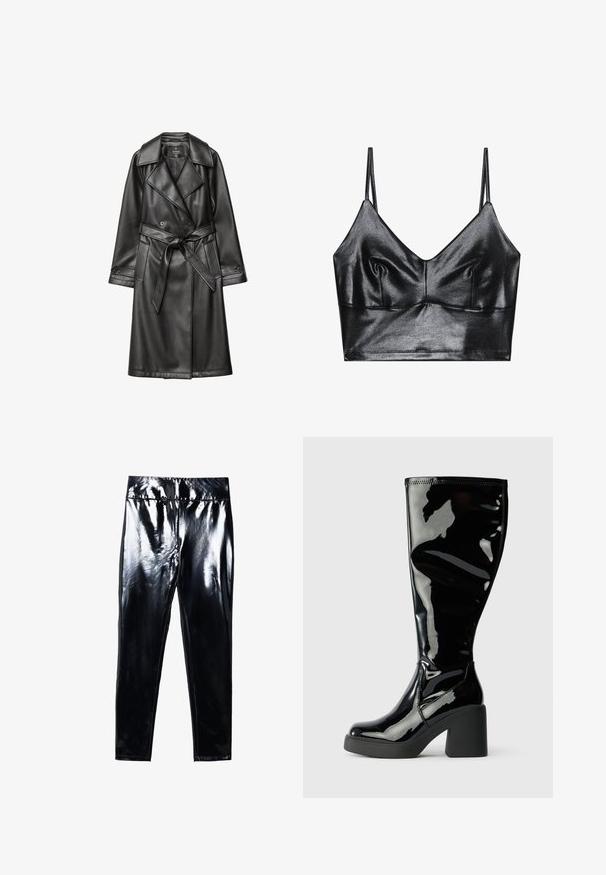 Manteau trench en cuir noir avec un devant à double boutonnage, un large col, une taille ceinturée, et des manches longues avec des poignets boutonnés.; Bralette noire et brillante avec des fines bretelles réglables, présentant un décolleté en V, une texture lisse et un léger plissé au niveau de la poitrine pour la forme.; Leggings noirs à finition brillante présentant une surface lisse et glossy. Taille élastique et design ajusté avec une forme de jambe effilée.; Bottes en cuir verni noir, arrivant jusqu'aux genoux, avec une surface lisse et brillante, des orteils carrés et des talons épais noirs. Coutures décoratives sur le côté.