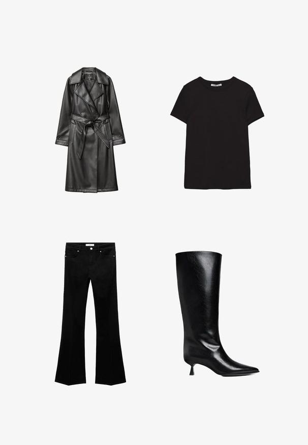 Schwarzer Leder-Trenchcoat mit doppelter Knopfleiste, breitem Kragen, tailliertem Gürtel und langen Ärmeln mit geknöpften Manschetten.; Schwarzes, kurzärmliges Baumwoll-T-Shirt mit rundem Halsausschnitt, Standardpassform und sichtbarem innerem Nackenetikett.; Schwarze Schlagjeans aus einer Baumwollmischung. Vordertaschen, Reißverschluss und Knopfverschluss. Glatte Textur und klare Linien im gesamten Design.; Schwarze Lederstiefel bis zum Knie mit spitzem Zehenbereich, schlanker Silhouette und niedrigem Blockabsatz mit glänzender Oberfläche.