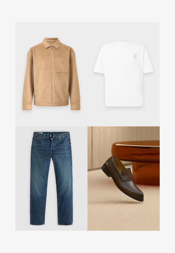 Veste en polaire beige avec une fermeture éclair à l'avant, un col pointu et une poche poitrine unique. Elle présente une coupe décontractée et des coutures plates.; T-shirt blanc en coton avec une coupe décontractée, des manches courtes et un col en V. Présente deux petits logos noirs imprimés sur le côté gauche.; Jean en denim bleu avec une coupe droite, comprenant cinq poches, une braguette à boutons classique et un léger délavage pour la texture.; Mocassin en cuir marron foncé présenté en suspension au-dessus d’un tapis beige avec une table ronde en bois poli en arrière-plan.