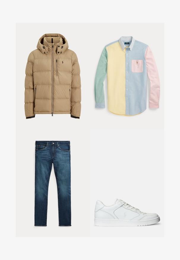 Beige polstret vinterjakke med hætte, fuld lynlås foran, to sidelommer med lynlås og logo på venstre bryst.; Skjorte med lange ærmer og knapper med color-block design i pastelgul, grøn, blå og pink med en stribet krave og brystlomme med logo.; Mørkeblå slim-fit jeans med frontknap og lynlås, fem lommer og subtil falmen på forreste lår og knæ.; Hvide lædersneakers med en glat tekstur, der har en perforeret tå, snørebåndslukning og broderet logo på siden. Hvid gummisål.