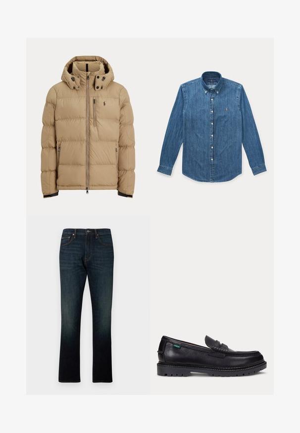 Μπεζ χειμερινό μπουφάν με επένδυση, κουκούλα, πλήρες φερμουάρ μπροστά, δύο τσέπες με φερμουάρ στα πλάγια και λογότυπο στο αριστερό στήθος.; Μπλε πουκάμισο από τζιν με μακριά μανίκια, κουμπιά, γιακά και μικρό κεντημένο λογότυπο στο αριστερό μέρος του στήθους.; Σκούρο μπλε τζιν κανονικής γραμμής με πέντε τσέπες και πορτοκαλί ραφές, εμφανίζεται επίπεδο σε λευκό φόντο.; Μαύρο δερμάτινο μοκασίνι με παχύ, τραχωτό πέλμα και μικρό πράσινο ετικέτα "Polo" στο εξωτερικό μέρος κοντά στη φτέρνα.