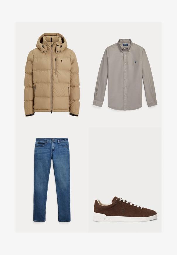 Beige gesteppte Winterjacke mit Kapuze, durchgehendem Frontreißverschluss, zwei seitlichen Reißverschlusstaschen und Logo auf der linken Brust.; Hellgraues, langärmliges Hemd mit Knopfleiste, Kragen und blauem Polo Ralph Lauren Sticklogo auf der linken Brust.; Blaue Jeans aus Denim mit schmalem Schnitt, ausgestattet mit vorderen Taschen, Gürtelschlaufen und einem Knopfverschluss vor weißem Hintergrund.; Braune Wildleder-Low-Top-Sneaker mit weißer Gummisohle, weißen Schnürsenkeln und gesticktem Polo-Logo an der Seite.