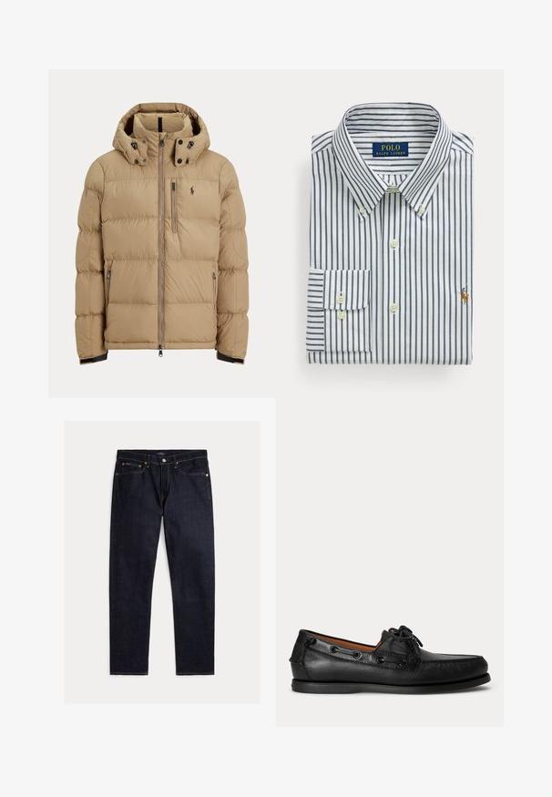 Beige polstret vinterjakke med hætte, fuld lynlås foran, to sidelommer med lynlås og logo på venstre bryst.; Foldet hvid skjorte med marineblå lodrette striber, knappet krave og Polo Ralph Lauren-logo broderet på brystet.; Mørk indigoblå jeans med lige ben, fem lommer, knap- og lynlås lukning samt kontrastfulde orange syninger på en ensfarvet baggrund.; Sort lædermoccasin med snøredetalje og lav gummisål, vist fra siden på ensartet lys baggrund.