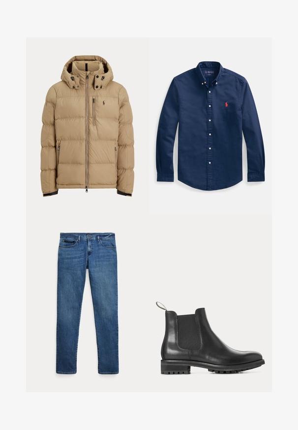 Beige gewatteerde winterjas met capuchon, volledige voorrits, twee zijzakken met rits en logo op de linkerborst.; Marineblauw katoenen overhemd met knopen, voorzien van een puntige kraag, lange mouwen en een klein rood geborduurd logo op de borst.; Blauwe denim jeans met een slim fit, voorzien van voorkantzakken, riemlussen en een knoopsluiting op een witte achtergrond.; Zwarte leren Chelsea-laars met elastische zijkanten, trekband aan de achterkant en een geribbelde rubberen zool en lage hak, zijaanzicht.
