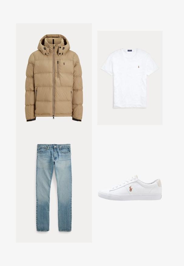Chaqueta de invierno beige acolchada con capucha, cremallera completa frontal, dos bolsillos laterales con cremallera y logo en el pecho izquierdo.; Camiseta blanca de manga corta y cuello redondo con pequeño logo bordado de Polo Ralph Lauren en el pecho izquierdo y etiqueta azul de la marca en el interior del cuello.; Vaqueros de mezclilla azul claro de pierna recta con cinco bolsillos, cierre de botón y detalles sutiles descoloridos alrededor de los muslos y las rodillas.; Zapatilla de lona blanca con diseño de corte bajo, que cuenta con un taco trasero beige y un pequeño logo bordado en el costado. Suela de goma.