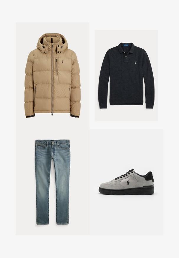 Chaqueta de invierno beige acolchada con capucha, cremallera completa frontal, dos bolsillos laterales con cremallera y logo en el pecho izquierdo.; Polo de manga larga de color gris oscuro con cuello, tapeta con dos botones y logotipo bordado en blanco de Polo Ralph Lauren en el pecho izquierdo.; Pantalones vaqueros de mezclilla azul de pierna recta con bolsillos delanteros, trabillas para cinturón y cierre de botón.; Zapatillas de ante gris con detalles en negro, que cuentan con un panel lateral de tejido texturizado, puntera redonda y suela de goma negra. Logotipo bordado en el lateral.