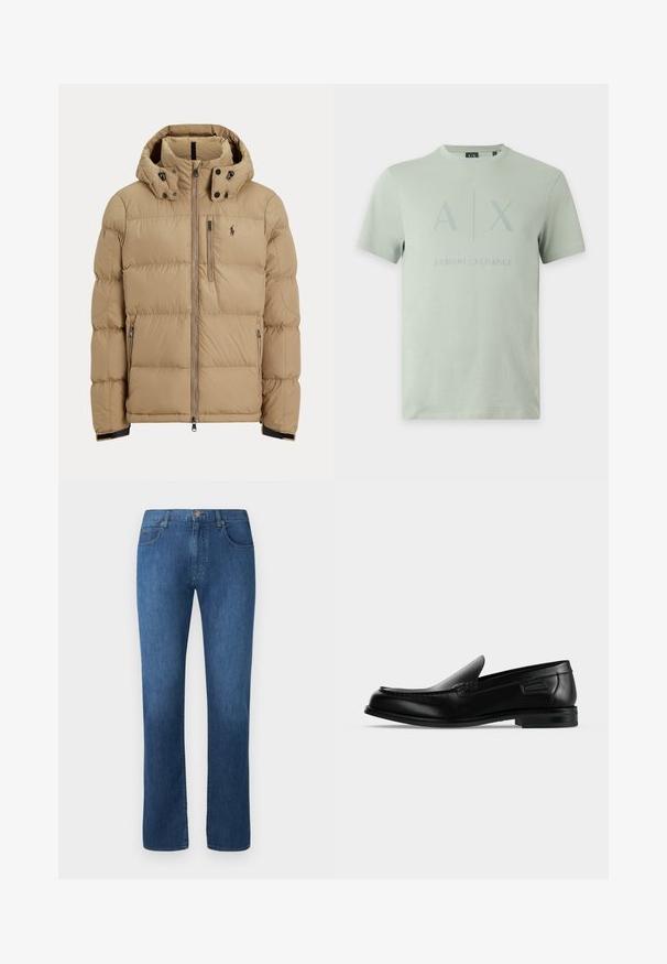 Beežist polsterdatud talvejope kapuutsiga, täieliku esiluku, kahe külje lukuga tasku ja logoga vasakul rinnal.; Hele rohelise lühikeste varrukatega Armani Exchange T-särk A|X logoga ja Armani Exchange teksti peal sobivas diskreetses trükis ees.; Tumedat sinised teksad sirge lõikega, viie taskuga ja eespaneeliga nööbitekiga. Sujuv tekstuur ja klassikalised õmblusdetailid.; Mustast nahast libisev loafers madala kontsaga, ümar nina ja dekoratiivse õmblusega üleval serval.