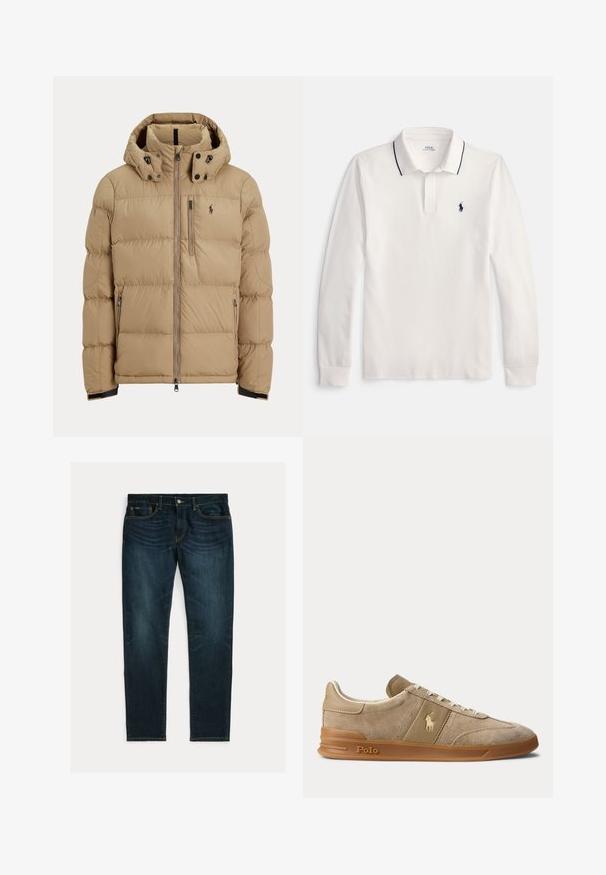 Beige polstret vinterjakke med hætte, fuld lynlås foran, to sidelommer med lynlås og logo på venstre bryst.; Hvid langærmet poloshirt med sort kant på kraven og lille sort broderet logo på venstre bryst.; Mørkeblå slim-fit jeans med let falmning og fem-lomme-design, lagt fladt på hvid baggrund.; Beige ruskind og læder lav-top sneaker med gummisål, hvide snørebånd og Polo-logo på siden og sålen.
