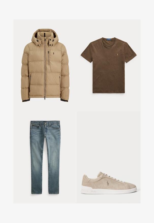 Beige polstret vinterjakke med hætte, fuld lynlås foran, to sidelommer med lynlås og logo på venstre bryst.; Brun kortærmet t-shirt med rund halsudskæring og lille broderet Polo Ralph Lauren-logo på venstre bryst.; Blå denim jeans med lige ben, forlommer, bæltestropper og knaplukning.; Beige ruskinds sneakers med hvide snørebånd og sål, broderet Polo-logo på siden, og "Polo" præget på sålen.