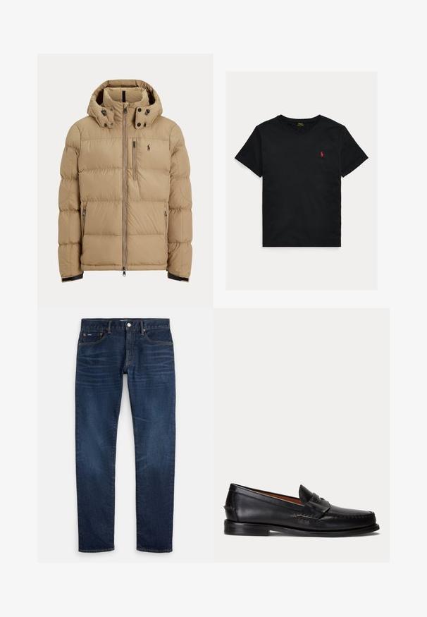 Beige polstret vinterjakke med hætte, fuld lynlås foran, to sidelommer med lynlås og logo på venstre bryst.; Sort V-hals T-shirt med korte ærmer og lille rødt Polo Ralph Lauren-logo broderet på venstre bryst.; Mørkeblå slim-fit jeans med subtil falmning på lårene, fem-lomme-design og knaplukning ved taljen.; Sort læderloafer med lav hæl og pennyremdetalje, vist fra siden på en lysegrå baggrund.