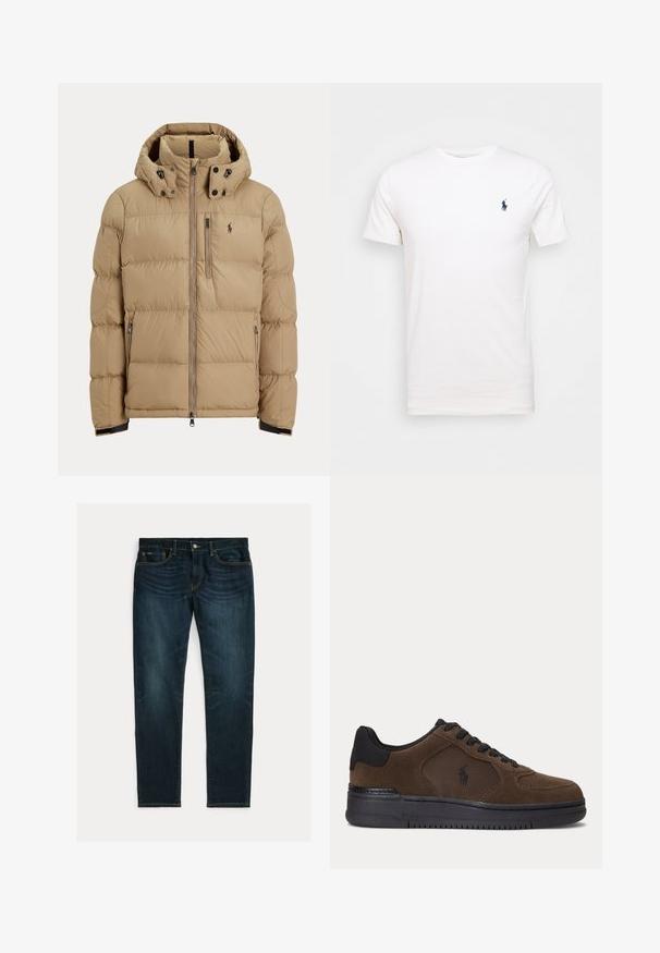 Beige toppatakki hupulla, vetoketju koko edessä, kaksi sivuvetoketjutaskua ja logo vasemmalla rinnalla.; Valkoinen puuvillapaita pyöreällä kaula-aukolla. Vasemmassa rinnassa pieni tummansininen logo. Lyhyet hihat, sileä pinta.; Tummansininen slim-fit farkut, joissa hieman haalistumaa ja viiden taskun malli, asetettuna tasaisesti valkoiselle taustalle.; Tummanruskea matalakärkinen lenkkari mustalla pohjalla, mustilla nauhoilla ja verkkomaisella sivupaneelilla, jossa pieni musta logo.