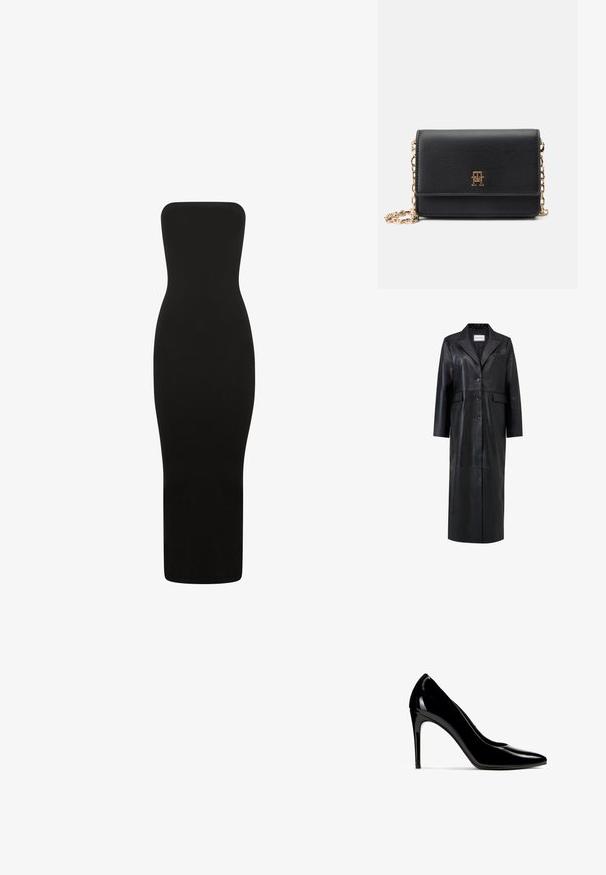 Zwarte leren jas met een lange silhouet, oversized reverskraag, vijf knopen en twee voorkruiszakken. Glad textuur en op maat gemaakt design.; Zwarte strapless midi-jurk gemaakt van gladde, rekbare stof. Fittende silhouet met een rechte halslijn en een vollengte zoom.; Zwarte pumps van gelakt leer met hoge naaldhak en spitse neus, zijaanzicht tegen een witte achtergrond.; Zwarte neplederen schoudertas met een gouden kettingband, voorzien van een magneetsluiting en een reliëflogo-detail aan de voorkant.