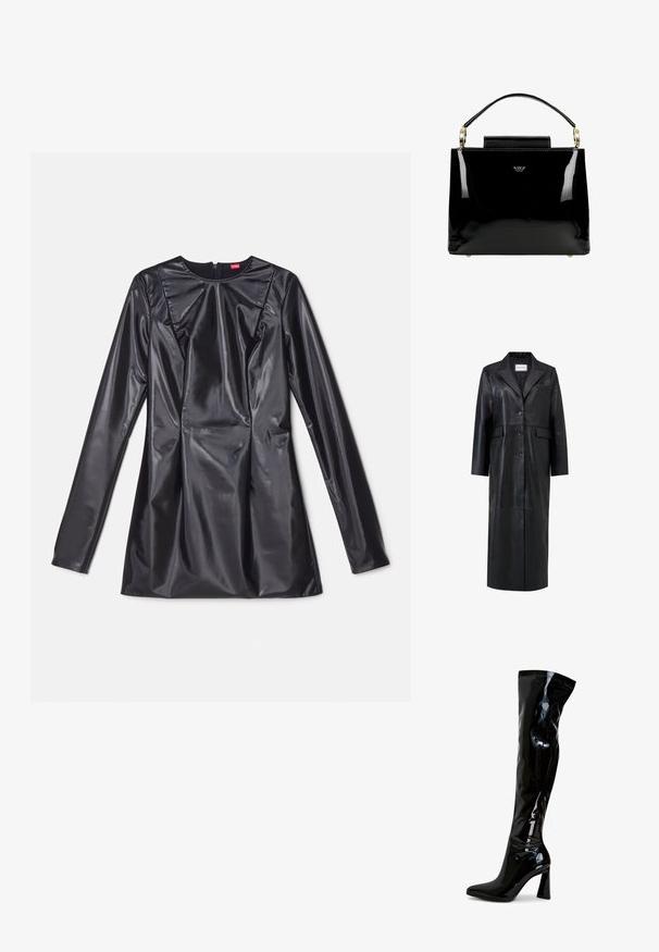 Zwarte leren jas met een lange silhouet, oversized reverskraag, vijf knopen en twee voorkruiszakken. Glad textuur en op maat gemaakt design.; 032c TRAPEZE TOO TIGHT MINI DRESS - Cocktailjurk - black luster; Zwarte laarzen van lakleer die tot over de knie reiken, met een puntige neus, een blokhak en een glad, glanzend oppervlak. Zonder zichtbare hardware.; Zwarte gepatenteerde leren handtas met een gestructureerd ontwerp, voorzien van een bovenhandvat, gouden hardwareaccenten en een kleine klep aan de voorkant.