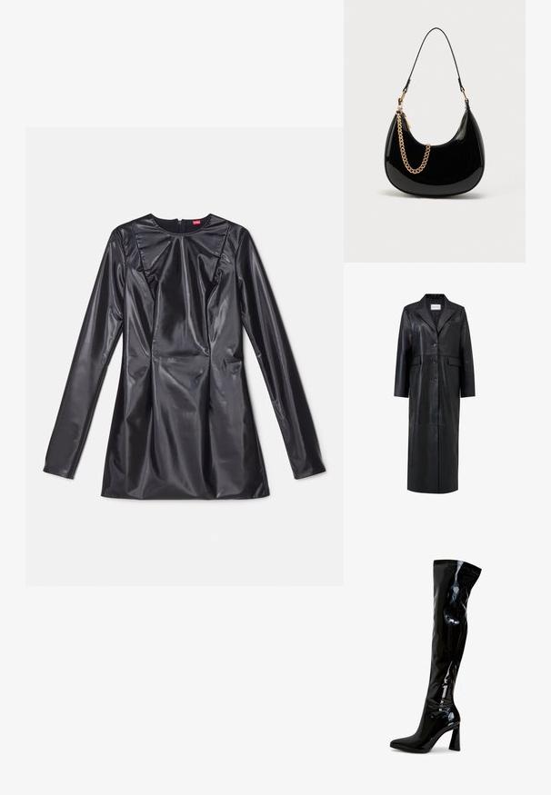 Sort læderfrakke med lang silhuet, oversized reverskrave, fem knapper og to forlommer. Glat tekstur og skræddersyet design.; 032c TRAPEZE TOO TIGHT MINI DRESS - Cocktailkjole / festkjole - black luster; Sorte laklæderstøvler, der går til låret, med spids snude, firkantet blokhæl og glat, blank tekstur. Ingen synligt hardware.; Sort håndtaske i laklæder med en buet form, tynd skulderrem og en guldkæde som dekorativ detalje foran. Glat tekstur, minimalistisk design.