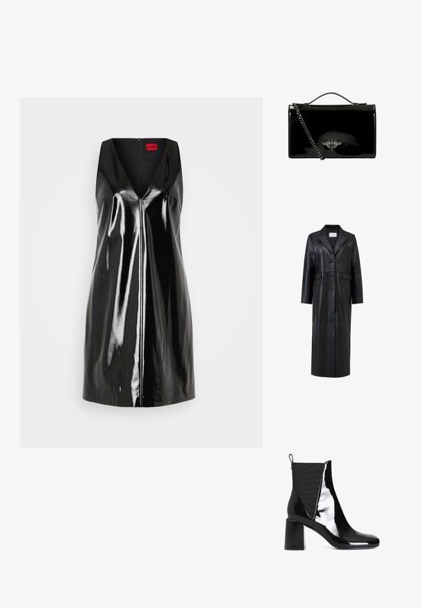 Sort læderfrakke med lang silhuet, oversized reverskrave, fem knapper og to forlommer. Glat tekstur og skræddersyet design.; Sort, ærmeløs kjole med V-udskæring og blank, reflekterende overflade; har en central lynlås og minimalistisk design.; CAFèNOIR Støvletter - black; Sort lakeret håndtaske med kædesti, der har et dekorativt metalbi-emblem på fronten. Rektangulær form med blank overflade.