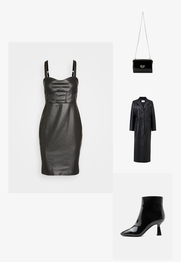 Sort læderfrakke med lang silhuet, oversized reverskrave, fem knapper og to forlommer. Glat tekstur og skræddersyet design.; Sorth faux læderkjole med en tætsiddende silhuet, tynde stropper og en struktureret, polstret skjorte med lodrette sømme. Glat tekstur.; Sort blank laklæder ankelstøvle med spids tå og udvidet mellemhøj hæl på hvid baggrund.; Sort patentlæder håndtaske med en guldkæde-strop, rektangulær form, med en frontklaplukning og et metallisk logo-accent.
