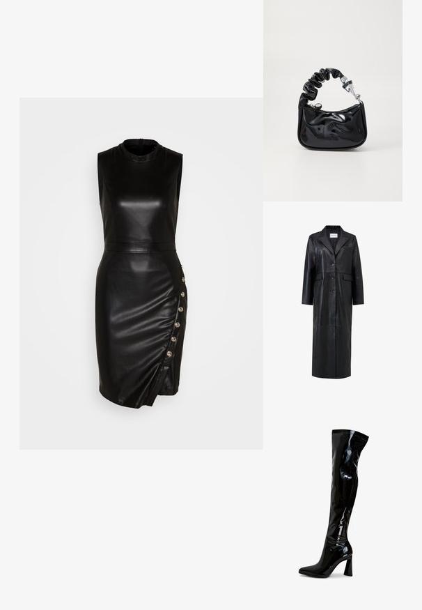Zwarte leren jas met een lange silhouet, oversized reverskraag, vijf knopen en twee voorkruiszakken. Glad textuur en op maat gemaakt design.; Zwarte leren mouwloze jurk met een hoge halslijn, aansluitende silhouet, asymmetrische zoom en decoratieve knopen langs de zijnnaad.; Zwarte laarzen van lakleer die tot over de knie reiken, met een puntige neus, een blokhak en een glad, glanzend oppervlak. Zonder zichtbare hardware.; Zwarte, glanzende handtas van patenten materiaal met een gerimpelde handgreep, zilverkleurige hardware, ronde vorm, ritssluiting en een gladde, glanzende textuur.