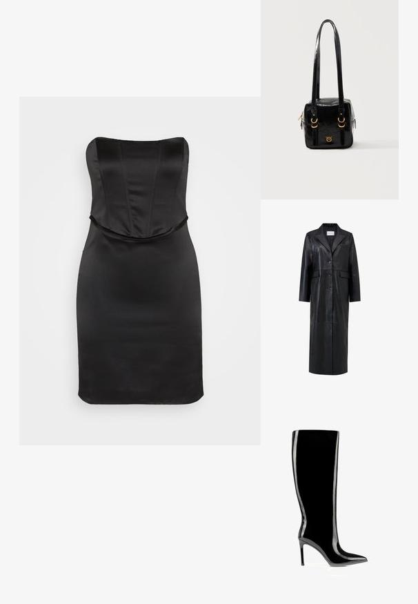 Zwarte leren jas met een lange silhouet, oversized reverskraag, vijf knopen en twee voorkruiszakken. Glad textuur en op maat gemaakt design.; Gina Tricot CORSET DRESS - Cocktailjurk - black; Zwarte lakleren laars tot aan de knie met spitse neus en naaldhak, strak en glanzend oppervlak.; Zwarte glanzende leren vierkante handtas met lange riemen, gouden metalen ringen, ritssluiting en een klein goudkleurig logo aan de voorkant.