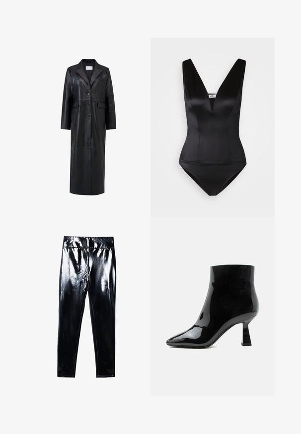 Sort læderfrakke med lang silhuet, oversized reverskrave, fem knapper og to forlommer. Glat tekstur og skræddersyet design.; Sort one-piece svømmedragt med dyb V-hals, glat satinfinish og tætsiddende design. Ingen synlige mønstre eller dekorationer.; Sorte højglans leggings med en blank, glat overflade. Elastisk talje og tætsiddende design med en indsnævret benform.; Sort blank laklæder ankelstøvle med spids tå og udvidet mellemhøj hæl på hvid baggrund.
