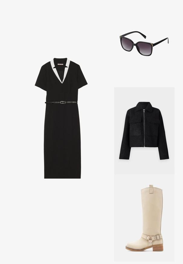 Veste noire cropped en tissu texturé, avec une fermeture éclair, un col et deux poches avant. Design simple sans motifs.; Robe noire à manches courtes avec un col blanc et une silhouette ajustée, cintrée à la taille avec une ceinture noire. Texture lisse, longueur genoux.; Botte beige montant jusqu'au genou en cuir lisse, avec une bride à boucle latérale, un talon en bois contrastant et une solide languette à l'arrière en haut.; Lunettes de soleil noires avec des verres gris dégradés, monture carrée surdimensionnée avec des détails dorés aux coins, et branches noires élégantes.