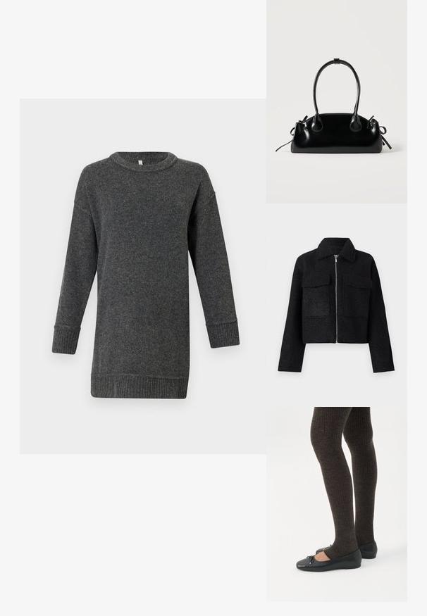 Veste noire cropped en tissu texturé, avec une fermeture éclair, un col et deux poches avant. Design simple sans motifs.; Pull en laine à manches longues gris foncé, avec des poignets et un ourlet côtelés, un col rond et une coupe décontractée.; Jambes portant des leggings côtelés foncés associés à des ballerines noires avec de petits détails en nœud sur fond blanc.; Petit sac à main noir brillant avec deux longues anses et des détails à cordon sur les côtés sur un fond clair uni.