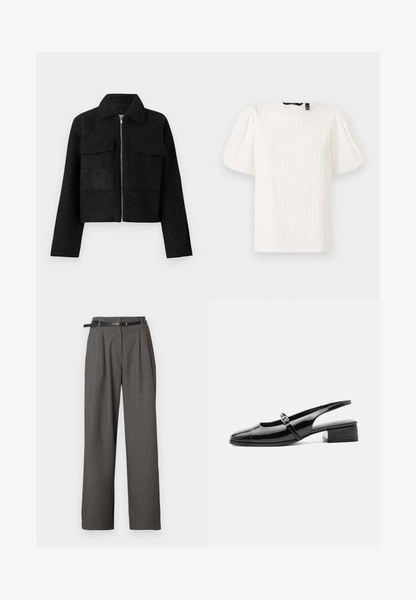 Veste noire cropped en tissu texturé, avec une fermeture éclair, un col et deux poches avant. Design simple sans motifs.; Top blanc à manches bouffantes avec des rayures verticales texturées, encolure ronde et tissu doux ; présente une coupe décontractée et une texture subtilement brillante.; Pantalon gris taille haute avec plis et poches latérales, stylisé d'une fine ceinture noire avec une boucle ronde dorée.; Chaussure slingback en cuir verni noir avec un petit talon bloc et une fine bride avec une boucle argentée sur le dessus.